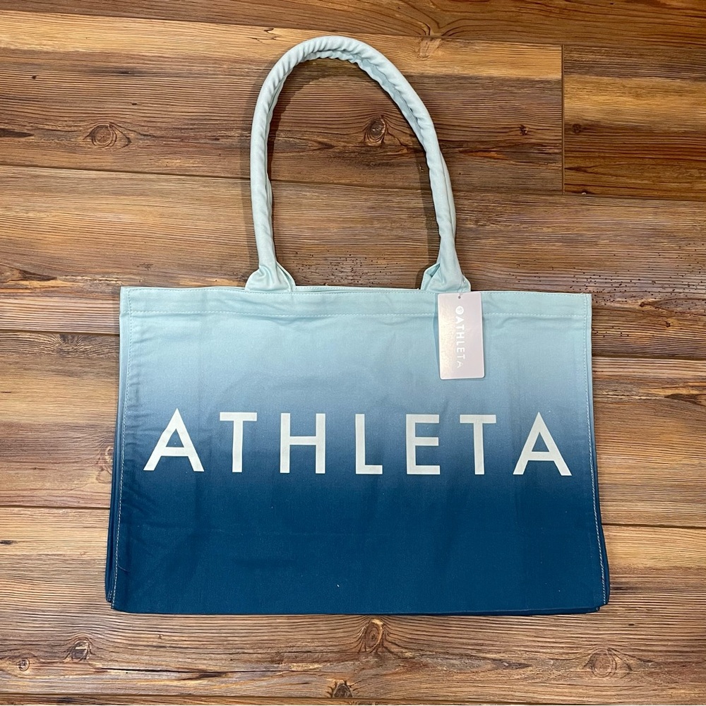 Athleta Tote Bag Blue Ombre Large Canvas Shopping Gym Bag Travel 19.5 X 13 NWT